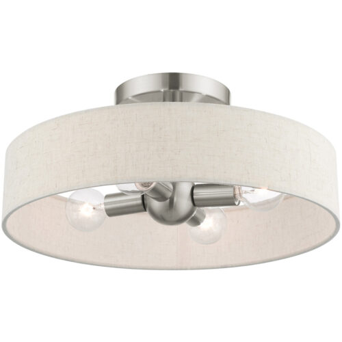 4 Light Brushed Nickel Semi Flush Mount with Hand Crafted Oatmeal Fabric Hardback Shade-Lighting LumensSemi Flush