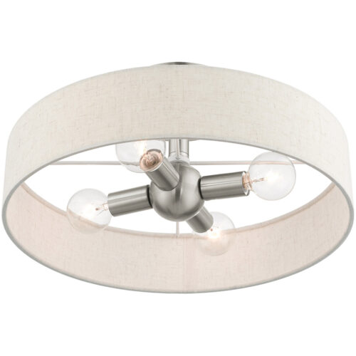 4 Light Brushed Nickel Semi Flush Mount with Hand Crafted Oatmeal Fabric Hardback Shade-Lighting LumensSemi Flush