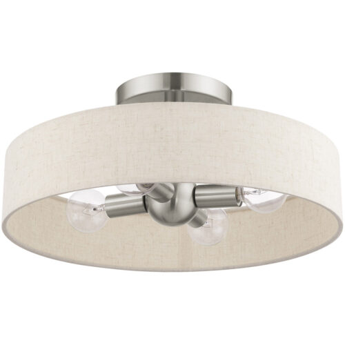 4 Light Brushed Nickel Semi Flush Mount with Hand Crafted Oatmeal Fabric Hardback Shade-Lighting LumensSemi Flush