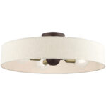 4 Light Bronze Semi Flush Mount with Hand Crafted Oatmeal Fabric Hardback Shade-Lighting LumensSemi Flush