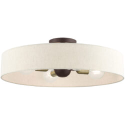 4 Light Bronze Semi Flush Mount with Hand Crafted Oatmeal Fabric Hardback Shade-Lighting LumensSemi Flush