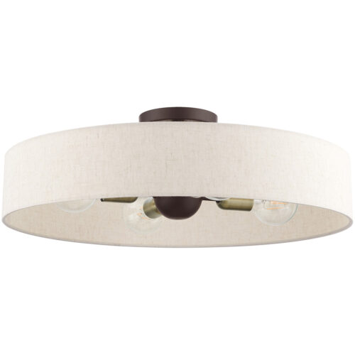 4 Light Bronze Semi Flush Mount with Hand Crafted Oatmeal Fabric Hardback Shade-Lighting LumensSemi Flush