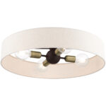 4 Light Bronze Semi Flush Mount with Hand Crafted Oatmeal Fabric Hardback Shade-Lighting LumensSemi Flush