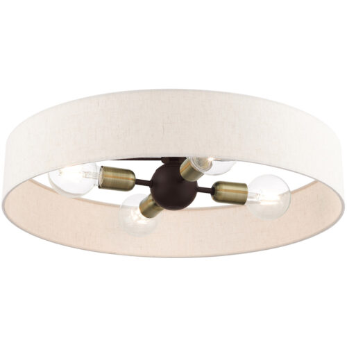 4 Light Bronze Semi Flush Mount with Hand Crafted Oatmeal Fabric Hardback Shade-Lighting LumensSemi Flush