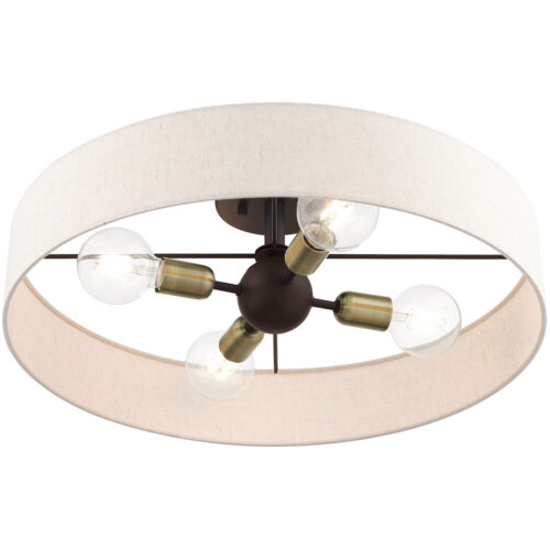 4 Light Bronze Semi Flush Mount with Hand Crafted Oatmeal Fabric Hardback Shade-Lighting LumensSemi Flush