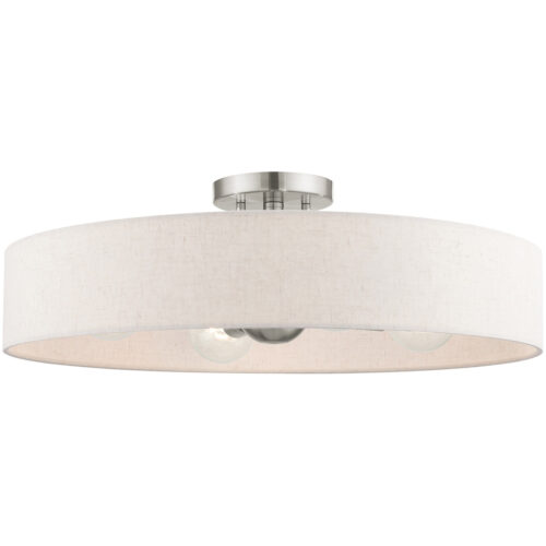 4 Light Brushed Nickel Semi Flush Mount with Hand Crafted Oatmeal Fabric Hardback Shade-Lighting LumensSemi Flush