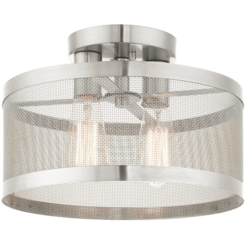 2 Light Brushed Nickel Semi Flush Mount with Brushed Nickel Stainless Mesh Shade-Lighting LumensSemi Flush