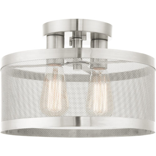 2 Light Brushed Nickel Semi Flush Mount with Brushed Nickel Stainless Mesh Shade-Lighting LumensSemi Flush