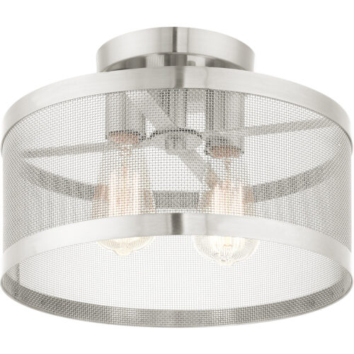 2 Light Brushed Nickel Semi Flush Mount with Brushed Nickel Stainless Mesh Shade-Lighting LumensSemi Flush