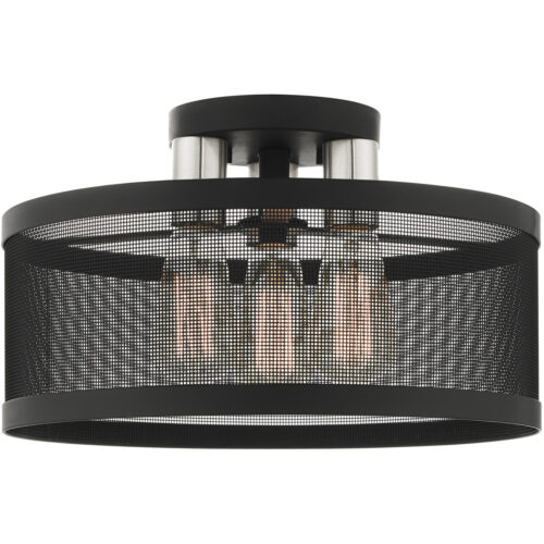 3 Light Black Semi Flush Mount with Black Stainless Mesh Shade-Lighting LumensSemi Flush