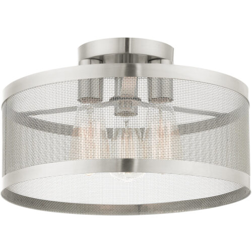 3 Light Brushed Nickel Semi Flush Mount with Brushed Nickel Stainless Mesh Shade-Lighting LumensSemi Flush