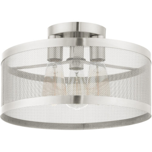 3 Light Brushed Nickel Semi Flush Mount with Brushed Nickel Stainless Mesh Shade-Lighting LumensSemi Flush