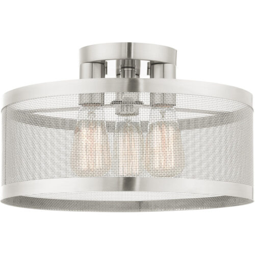 3 Light Brushed Nickel Semi Flush Mount with Brushed Nickel Stainless Mesh Shade-Lighting LumensSemi Flush