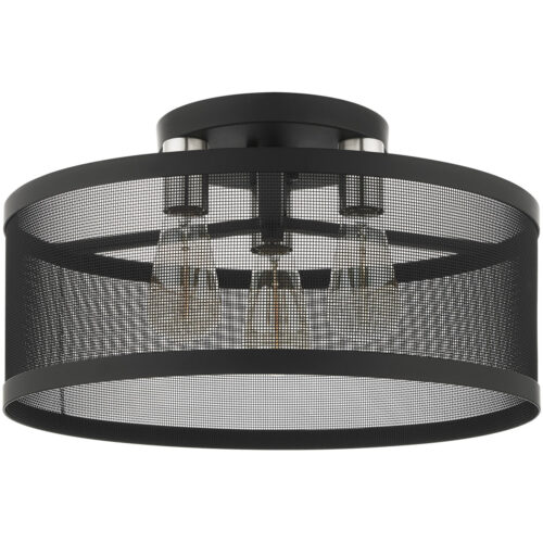 3 Light Black Semi Flush Mount with Black Stainless Mesh Shade-Lighting LumensSemi Flush