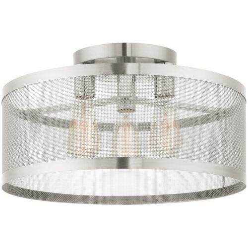 3 Light Brushed Nickel Semi Flush Mount with Brushed Nickel Stainless Mesh Shade-Lighting LumensSemi Flush