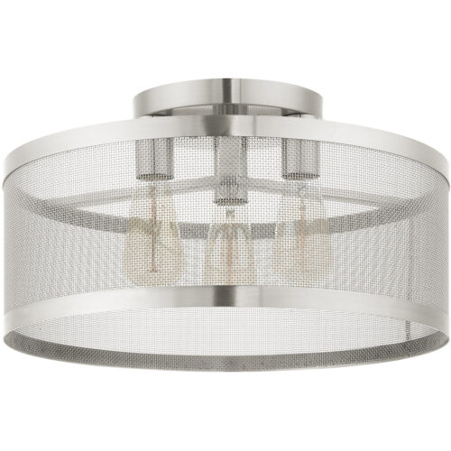 3 Light Brushed Nickel Semi Flush Mount with Brushed Nickel Stainless Mesh Shade-Lighting LumensSemi Flush