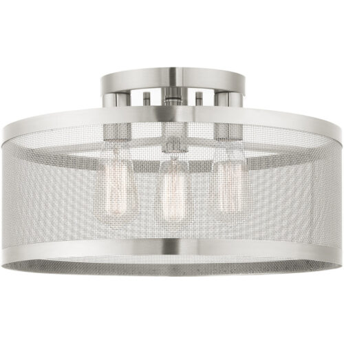 3 Light Brushed Nickel Semi Flush Mount with Brushed Nickel Stainless Mesh Shade-Lighting LumensSemi Flush