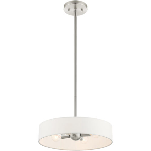 4 Light Brushed Nickel Chandelier with Hand Crafted Off White Fabric Hardback Shade-Lighting LumensChandeliers