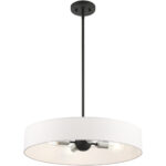 4 Light Black Chandelier with Hand Crafted Off White Fabric Hardback Shade-Lighting LumensChandeliers