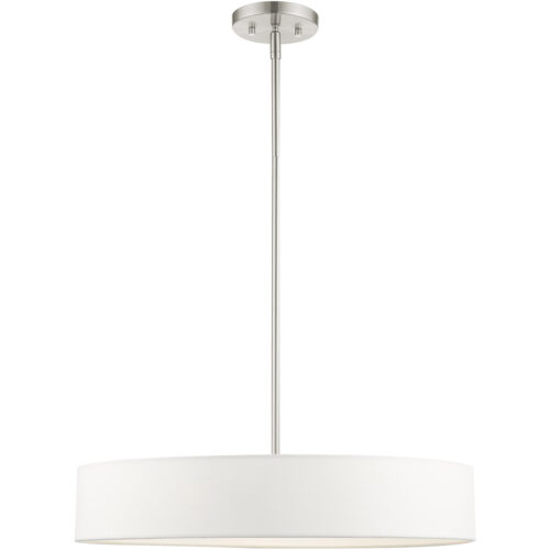 4 Light Brushed Nickel Chandelier with Hand Crafted Off White Fabric Hardback Shade-Lighting LumensChandeliers