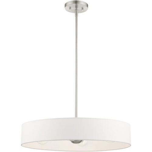 4 Light Brushed Nickel Chandelier with Hand Crafted Off White Fabric Hardback Shade-Lighting LumensChandeliers