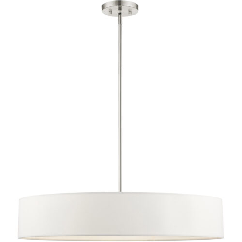 5 Light Brushed Nickel Chandelier with Hand Crafted Off White Fabric Hardback Shade-Lighting LumensChandeliers