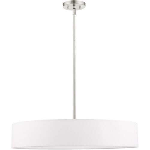 5 Light Brushed Nickel Chandelier with Hand Crafted Off White Fabric Hardback Shade-Lighting LumensChandeliers