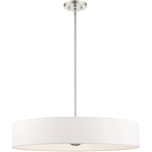 5 Light Brushed Nickel Chandelier with Hand Crafted Off White Fabric Hardback Shade-Lighting LumensChandeliers