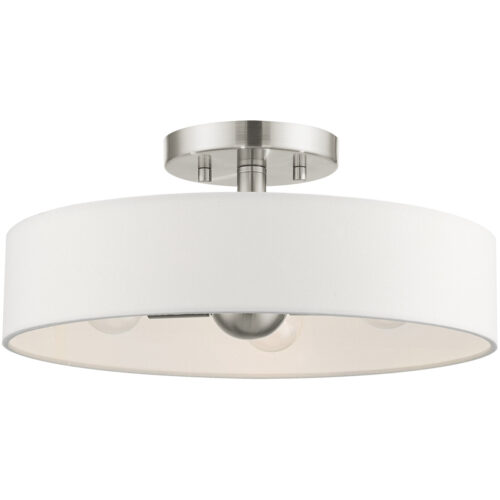 4 Light Brushed Nickel Semi Flush Mount with Hand Crafted Off White Fabric Hardback Shade-Lighting LumensSemi Flush