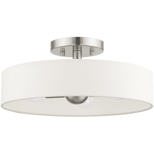 4 Light Brushed Nickel Semi Flush Mount with Hand Crafted Off White Fabric Hardback Shade-Lighting LumensSemi Flush