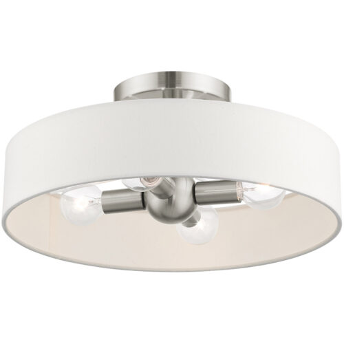 4 Light Brushed Nickel Semi Flush Mount with Hand Crafted Off White Fabric Hardback Shade-Lighting LumensSemi Flush