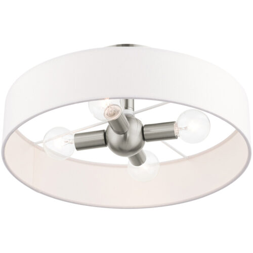 4 Light Brushed Nickel Semi Flush Mount with Hand Crafted Off White Fabric Hardback Shade-Lighting LumensSemi Flush