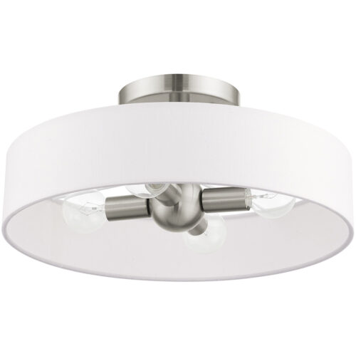 4 Light Brushed Nickel Semi Flush Mount with Hand Crafted Off White Fabric Hardback Shade-Lighting LumensSemi Flush