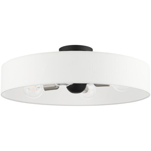 4 Light Black Semi Flush Mount with Hand Crafted Off White Fabric Hardback Shade-Lighting LumensSemi Flush