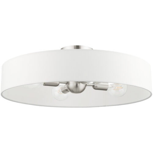 4 Light Brushed Nickel Semi Flush Mount with Hand Crafted Off White Fabric Hardback Shade-Lighting LumensSemi Flush