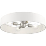 4 Light Brushed Nickel Semi Flush Mount with Hand Crafted Off White Fabric Hardback Shade-Lighting LumensSemi Flush