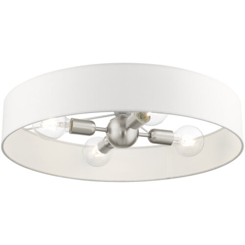 4 Light Brushed Nickel Semi Flush Mount with Hand Crafted Off White Fabric Hardback Shade-Lighting LumensSemi Flush