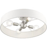 4 Light Brushed Nickel Semi Flush Mount with Hand Crafted Off White Fabric Hardback Shade-Lighting LumensSemi Flush