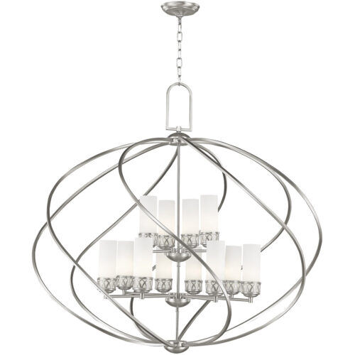 8 Light + 4 Light Brushed Nickel Foyer Chandelier with Hand Blown Satin Opal White Glass Shade-Lighting LumensChandeliers