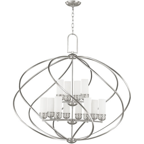 8 Light + 4 Light Brushed Nickel Foyer Chandelier with Hand Blown Satin Opal White Glass Shade-Lighting LumensChandeliers