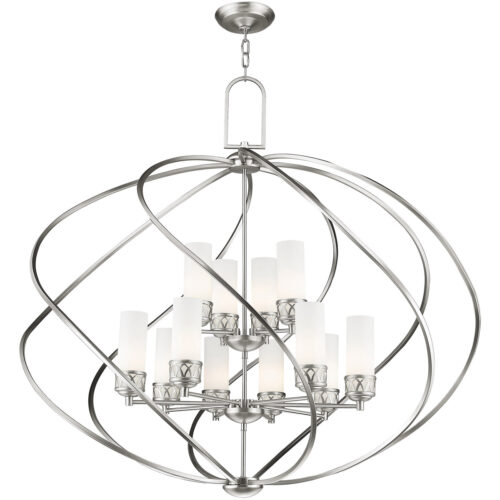 8 Light + 4 Light Brushed Nickel Foyer Chandelier with Hand Blown Satin Opal White Glass Shade-Lighting LumensChandeliers