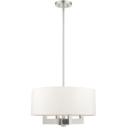 4 Light Brushed Nickel Chandelier with Hand Crafted Off White Fabric Hardback Shade-Lighting LumensChandeliers