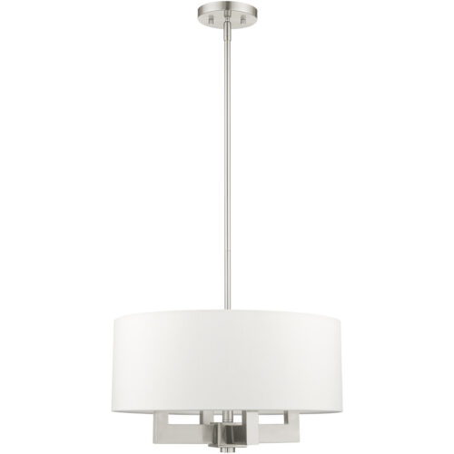 4 Light Brushed Nickel Chandelier with Hand Crafted Off White Fabric Hardback Shade-Lighting LumensChandeliers