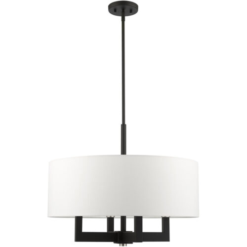 4 Light Black Chandelier with Hand Crafted Off White Fabric Hardback Shade-Lighting LumensChandeliers