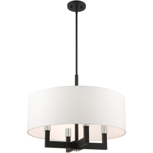 4 Light Black Chandelier with Hand Crafted Off White Fabric Hardback Shade-Lighting LumensChandeliers