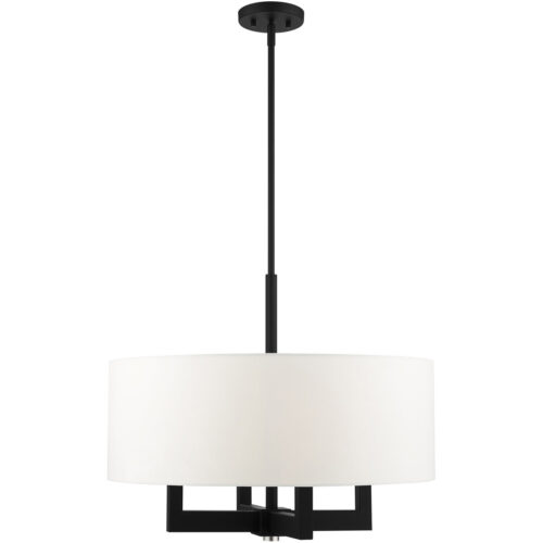 4 Light Black Chandelier with Hand Crafted Off White Fabric Hardback Shade-Lighting LumensChandeliers