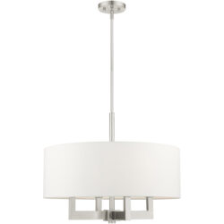 4 Light Brushed Nickel Chandelier with Hand Crafted Off White Fabric Hardback Shade-Lighting LumensChandeliers