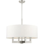 4 Light Brushed Nickel Chandelier with Hand Crafted Off White Fabric Hardback Shade-Lighting LumensChandeliers