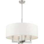 4 Light Brushed Nickel Chandelier with Hand Crafted Off White Fabric Hardback Shade-Lighting LumensChandeliers