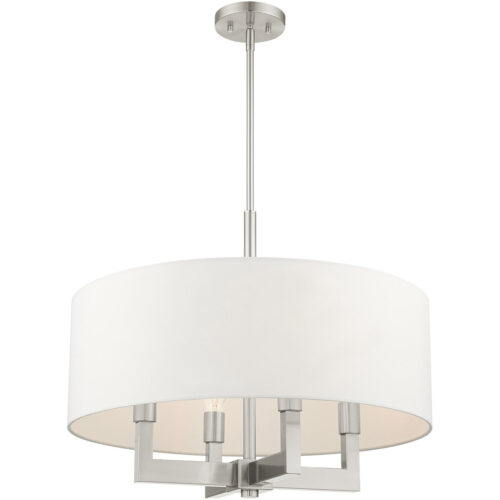 4 Light Brushed Nickel Chandelier with Hand Crafted Off White Fabric Hardback Shade-Lighting LumensChandeliers